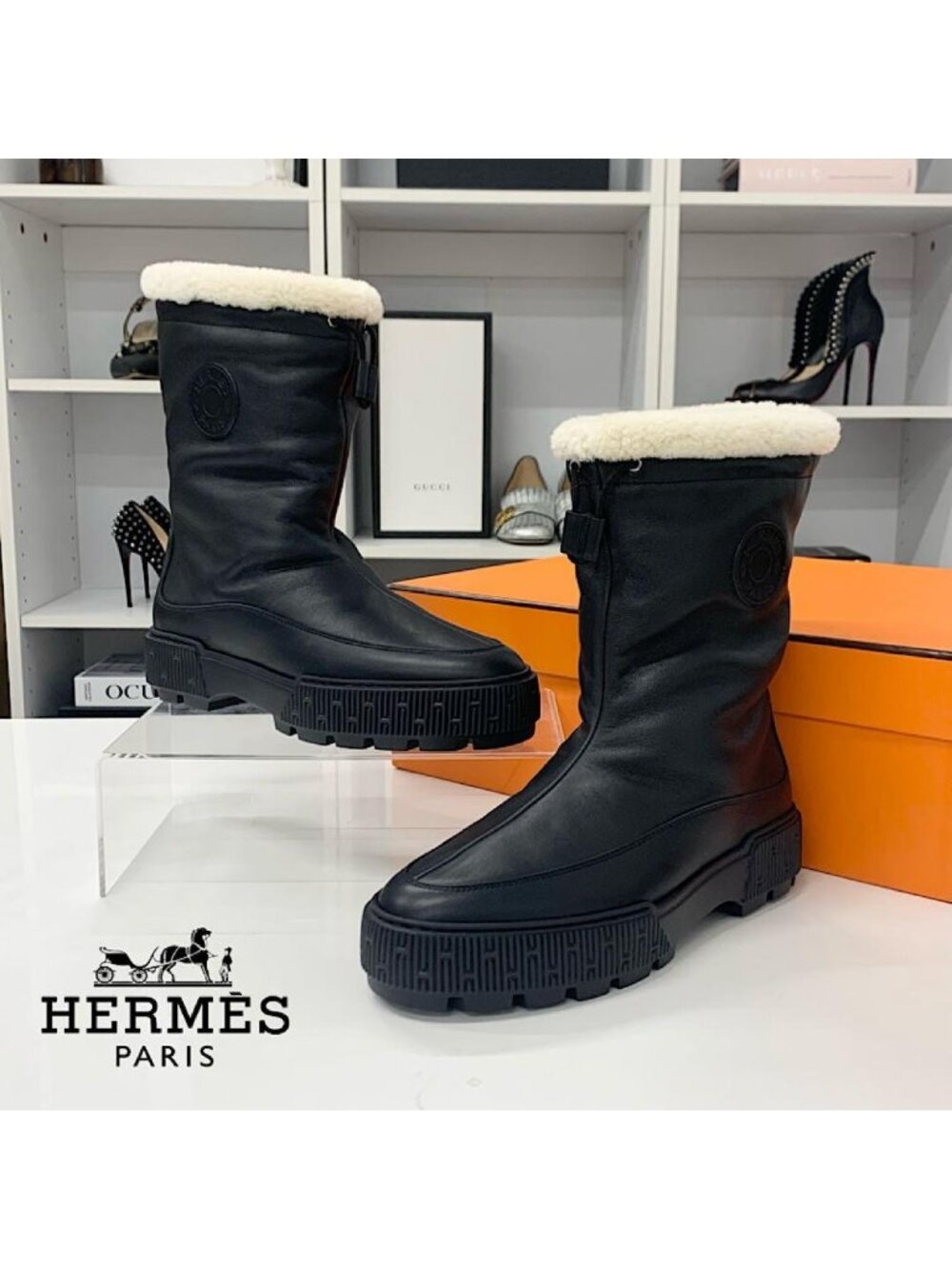 Hermes Journey Leather Shearling Logo Short Boots Black